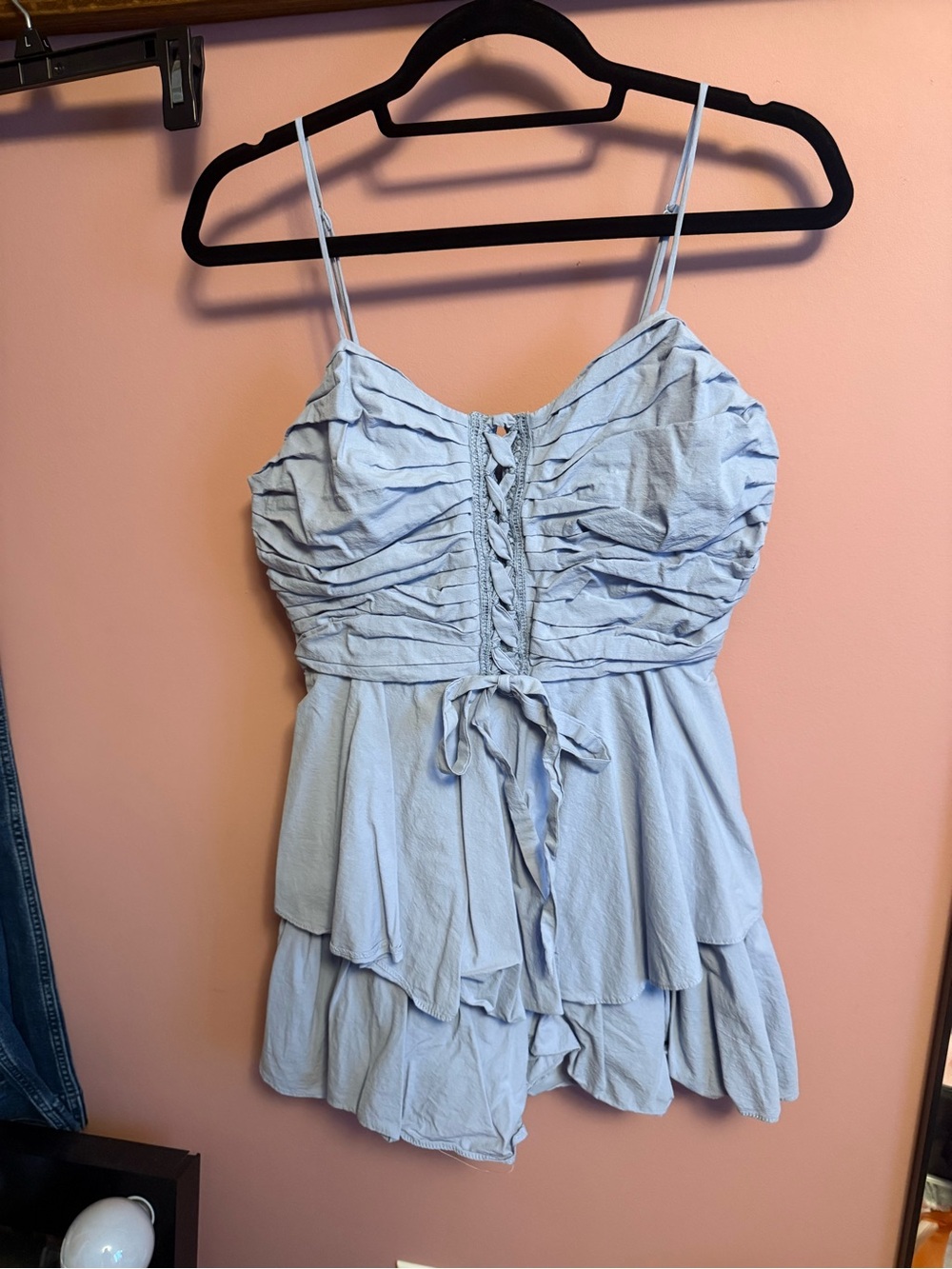 Light Blue Ruched Spaghetti Strap Romper